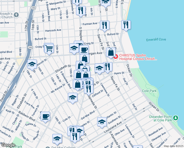 map of restaurants, bars, coffee shops, grocery stores, and more near 1601 6th Street in Corpus Christi