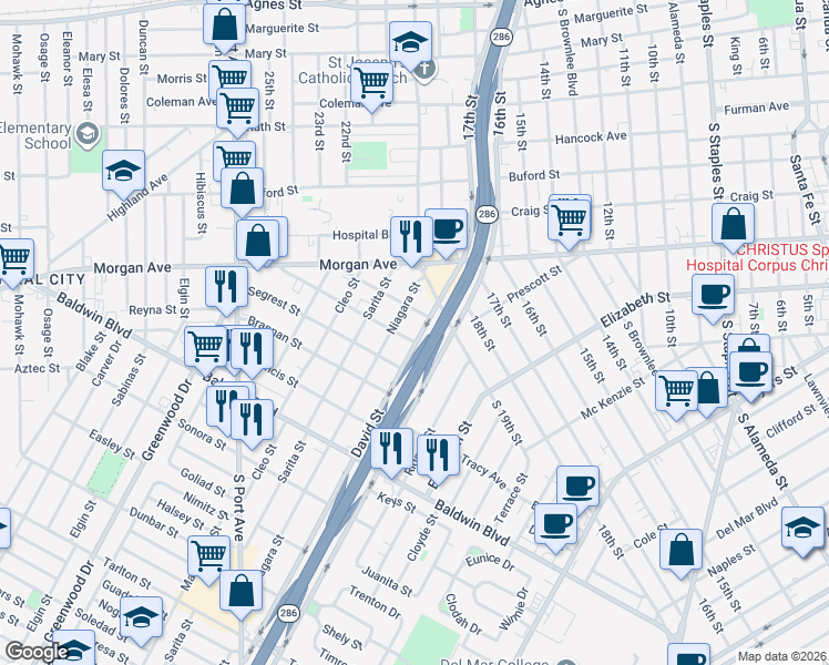 map of restaurants, bars, coffee shops, grocery stores, and more near 2217 David Street in Corpus Christi