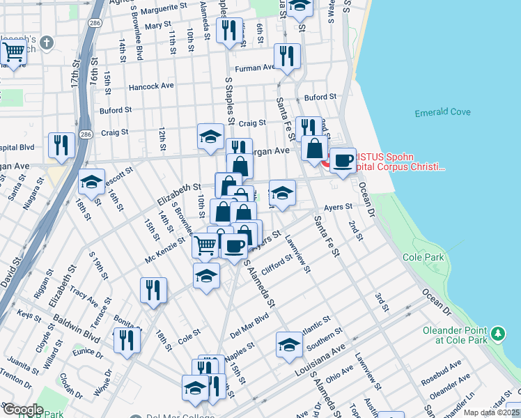 map of restaurants, bars, coffee shops, grocery stores, and more near 1601 6th Street in Corpus Christi
