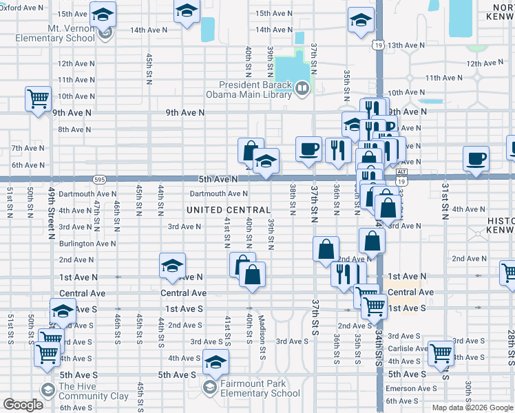 map of restaurants, bars, coffee shops, grocery stores, and more near 3945 4th Avenue North in Saint Petersburg