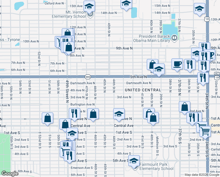 map of restaurants, bars, coffee shops, grocery stores, and more near 4421 4th Avenue North in St. Petersburg