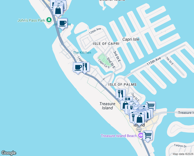 map of restaurants, bars, coffee shops, grocery stores, and more near in Treasure Island