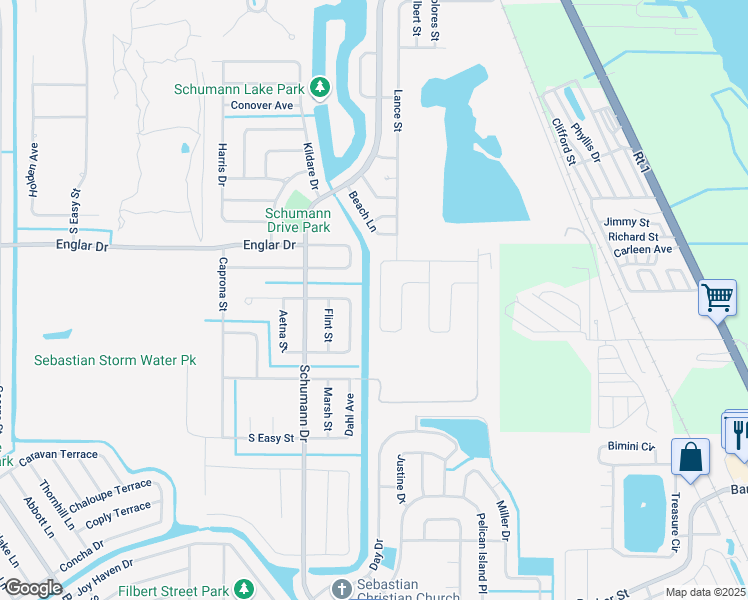 map of restaurants, bars, coffee shops, grocery stores, and more near 148 Mabry Street in Sebastian