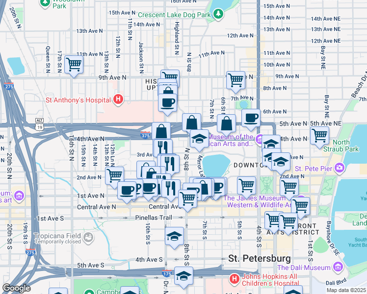 map of restaurants, bars, coffee shops, grocery stores, and more near 839 3rd Avenue North in St. Petersburg
