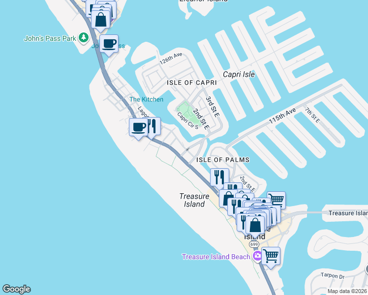 map of restaurants, bars, coffee shops, grocery stores, and more near 135 117th Avenue in Treasure Island