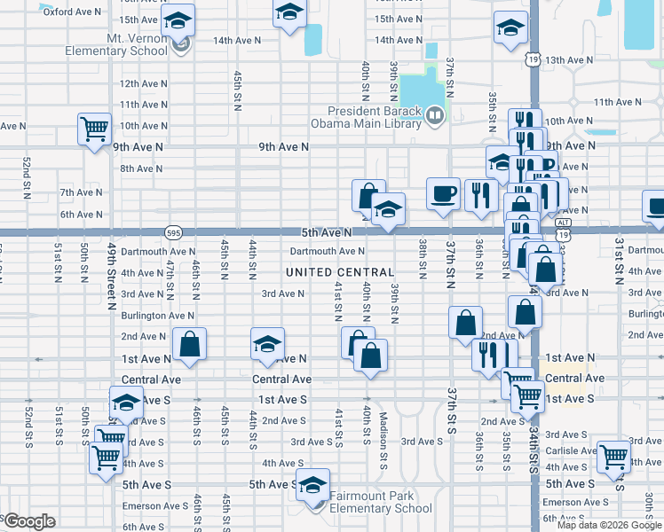 map of restaurants, bars, coffee shops, grocery stores, and more near 4111 4th Avenue North in St. Petersburg