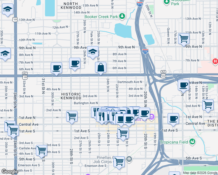 map of restaurants, bars, coffee shops, grocery stores, and more near 2363 4th Avenue North in St. Petersburg