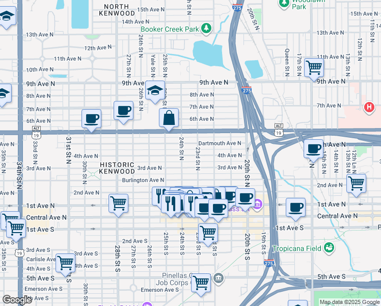 map of restaurants, bars, coffee shops, grocery stores, and more near 2327 4th Avenue North in St. Petersburg
