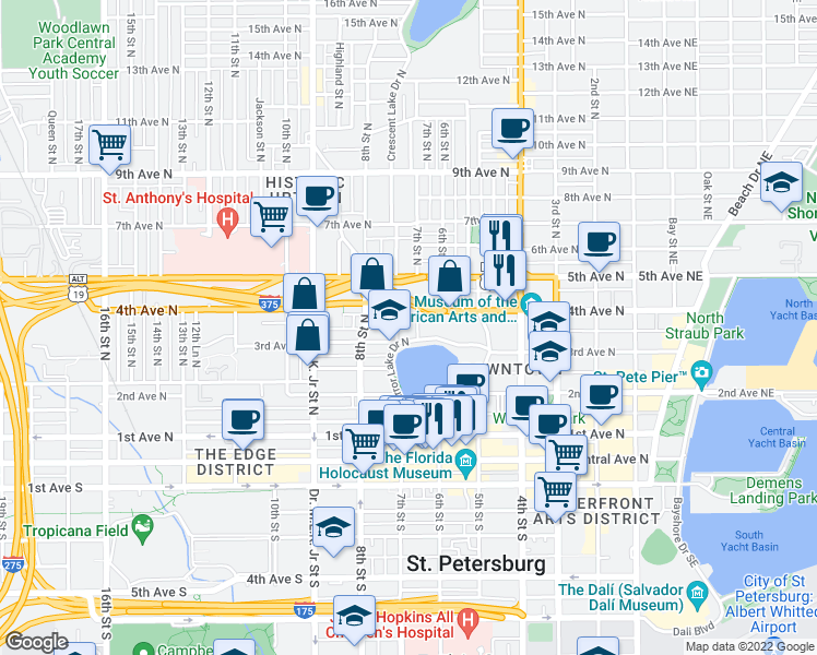 map of restaurants, bars, coffee shops, grocery stores, and more near 701 Mirror Lake Drive North in Saint Petersburg