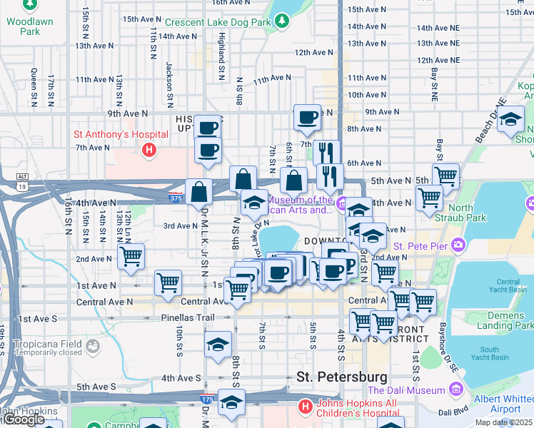 map of restaurants, bars, coffee shops, grocery stores, and more near 701 Mirror Lake Drive North in St. Petersburg