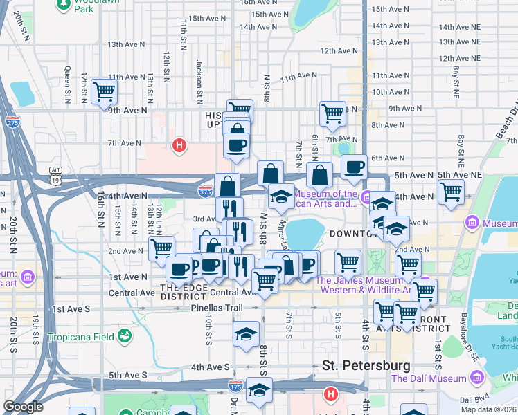map of restaurants, bars, coffee shops, grocery stores, and more near 839 3rd Avenue North in St. Petersburg