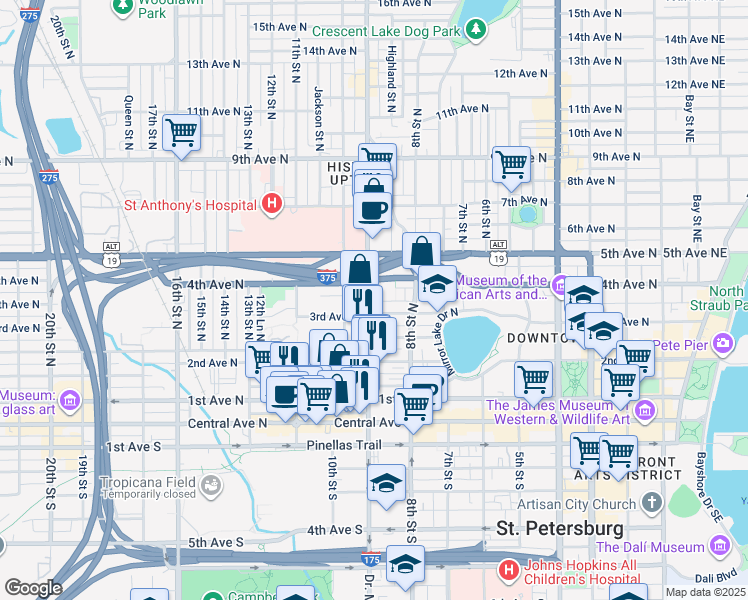 map of restaurants, bars, coffee shops, grocery stores, and more near 318 Doctor Martin Luther King Junior Street North in St. Petersburg