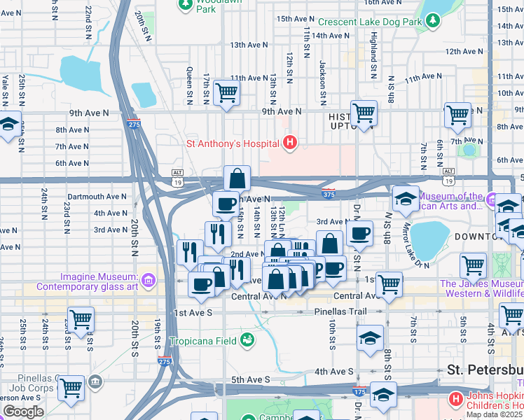 map of restaurants, bars, coffee shops, grocery stores, and more near 328 14th Street North in St. Petersburg
