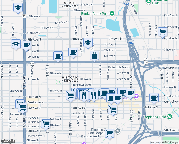 map of restaurants, bars, coffee shops, grocery stores, and more near 2544 4th Avenue North in St. Petersburg
