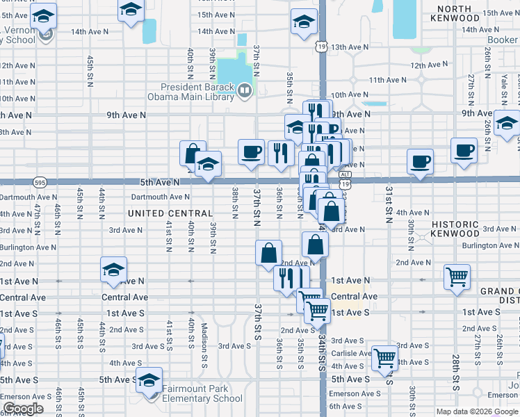 map of restaurants, bars, coffee shops, grocery stores, and more near 3634 4th Avenue North in St. Petersburg