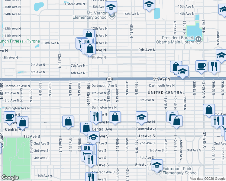 map of restaurants, bars, coffee shops, grocery stores, and more near 4637 4th Avenue North in St. Petersburg