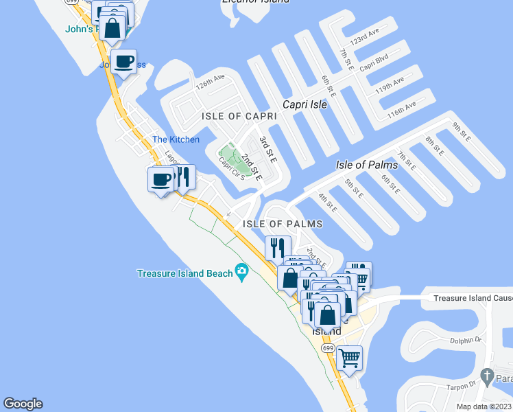 map of restaurants, bars, coffee shops, grocery stores, and more near 210 115th Avenue in Treasure Island
