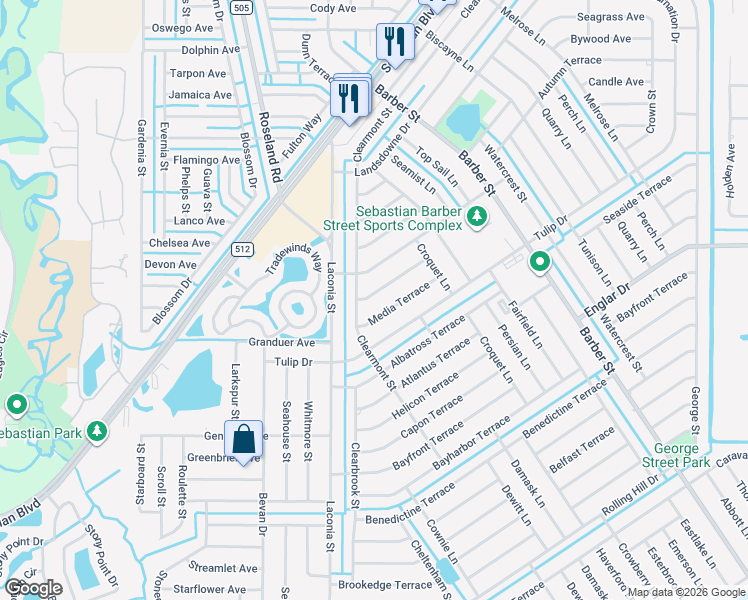 map of restaurants, bars, coffee shops, grocery stores, and more near 768 Newhall Terrace in Sebastian