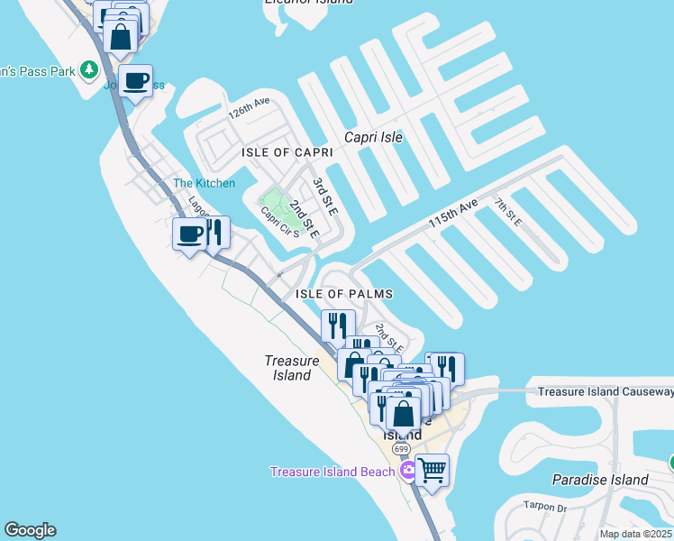 map of restaurants, bars, coffee shops, grocery stores, and more near 11498-11300 3rd Street East in Treasure Island
