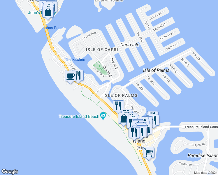 map of restaurants, bars, coffee shops, grocery stores, and more near 210 115th Avenue in Treasure Island