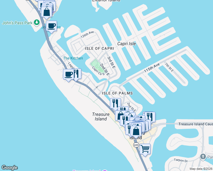 map of restaurants, bars, coffee shops, grocery stores, and more near 210 115th Avenue in Treasure Island