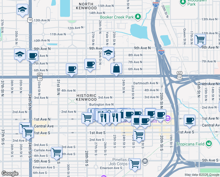 map of restaurants, bars, coffee shops, grocery stores, and more near 2544 4th Avenue North in St. Petersburg