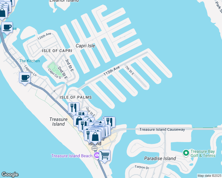 map of restaurants, bars, coffee shops, grocery stores, and more near 11280 5th Street East in Treasure Island