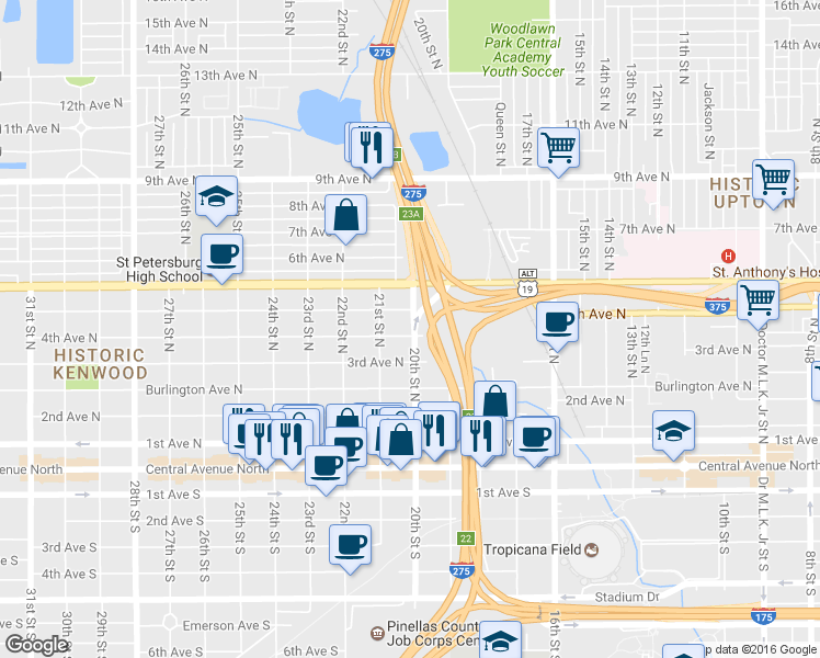 map of restaurants, bars, coffee shops, grocery stores, and more near 400 20th Street North in St. Petersburg