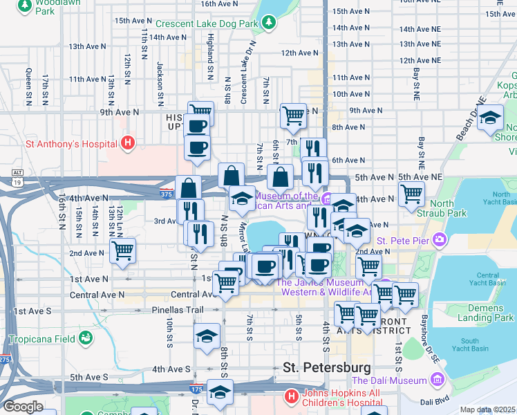 map of restaurants, bars, coffee shops, grocery stores, and more near 701 Mirror Lake Drive North in St. Petersburg