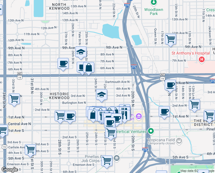 map of restaurants, bars, coffee shops, grocery stores, and more near 2220 4th Avenue North in St. Petersburg