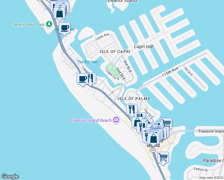 map of restaurants, bars, coffee shops, grocery stores, and more near 135 117th Avenue in Treasure Island