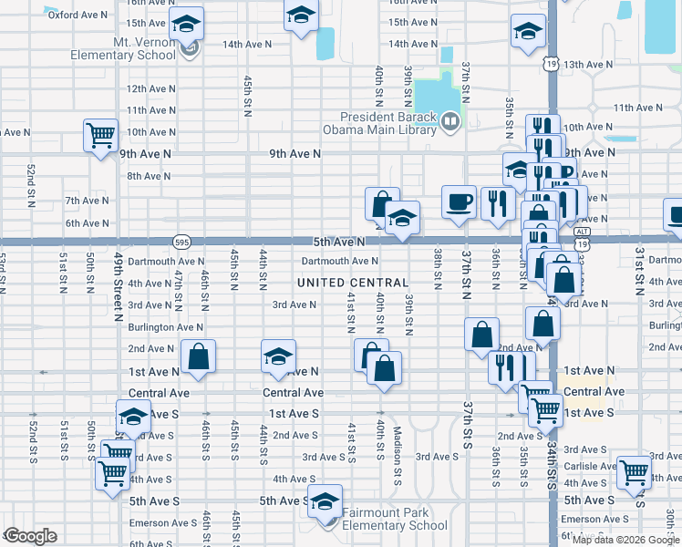 map of restaurants, bars, coffee shops, grocery stores, and more near 4121 4th Avenue North in St. Petersburg