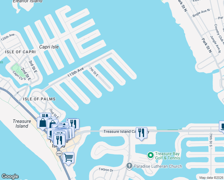 map of restaurants, bars, coffee shops, grocery stores, and more near 11000 7th Street East in Treasure Island
