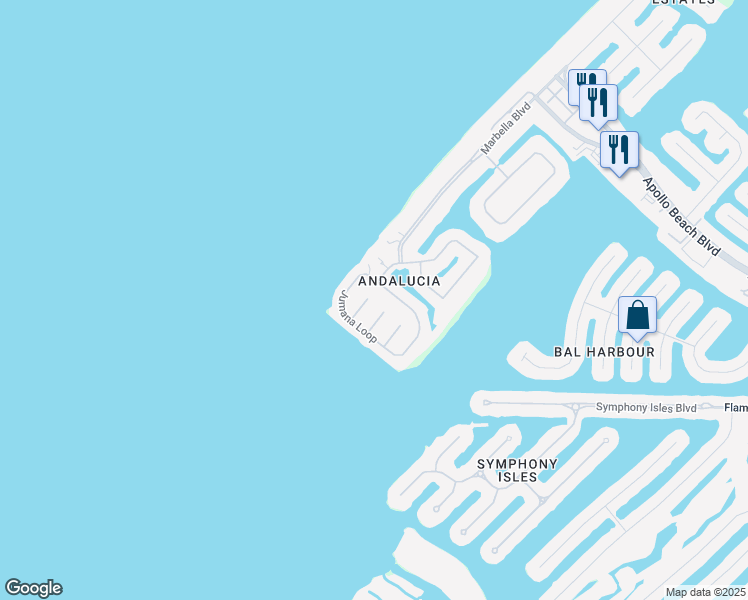 map of restaurants, bars, coffee shops, grocery stores, and more near 5909 Menorca Lane in Apollo Beach