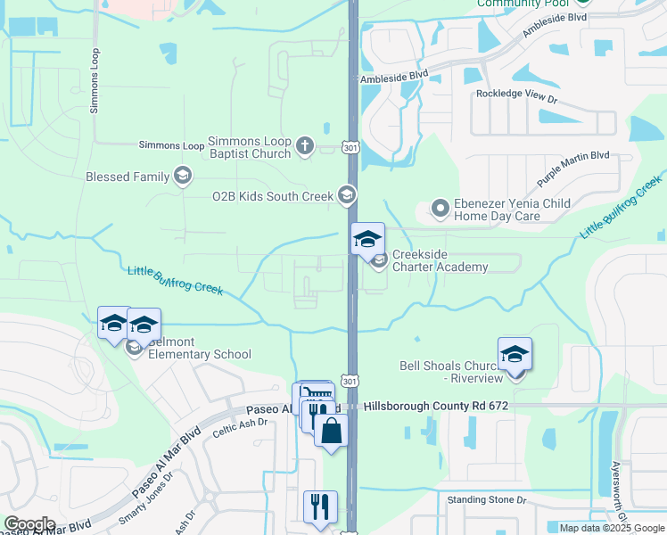 map of restaurants, bars, coffee shops, grocery stores, and more near 14011 Us Highway 301 South in Riverview