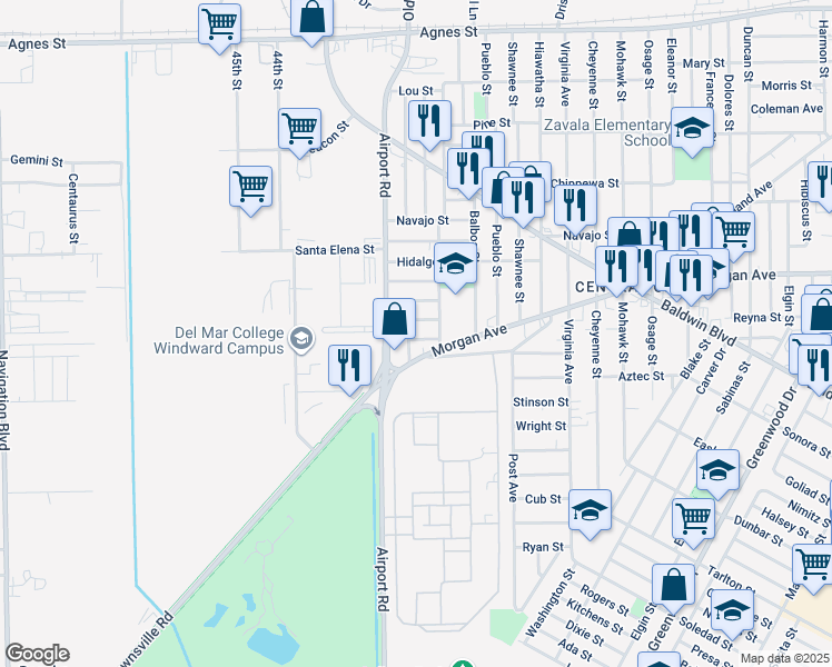map of restaurants, bars, coffee shops, grocery stores, and more near 654 Vera Cruz Street in Corpus Christi