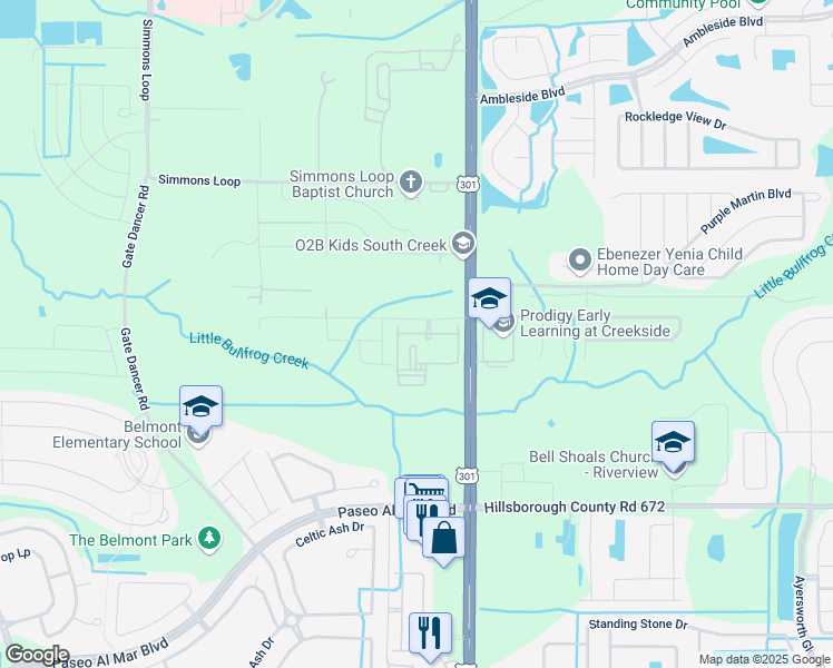 map of restaurants, bars, coffee shops, grocery stores, and more near 14005 U.S. 301 in Riverview