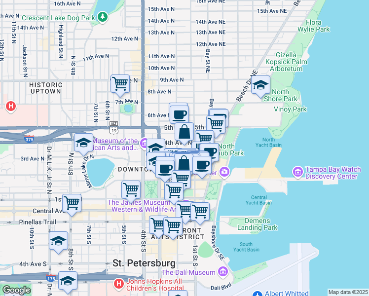 map of restaurants, bars, coffee shops, grocery stores, and more near 130 4th Avenue North in Saint Petersburg