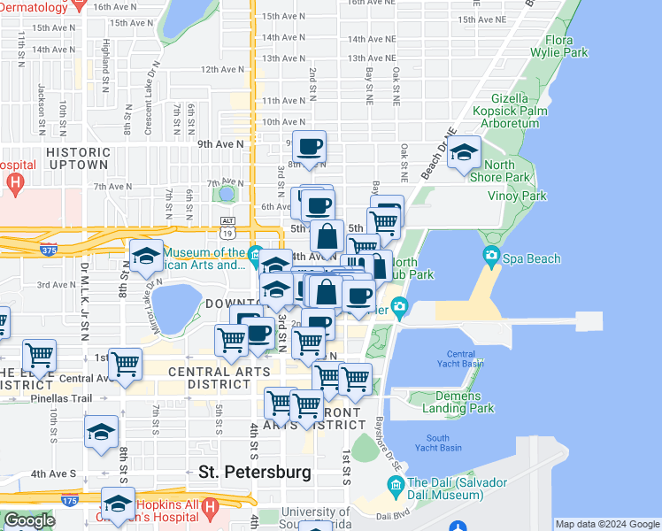 map of restaurants, bars, coffee shops, grocery stores, and more near 130 4th Avenue North in St. Petersburg