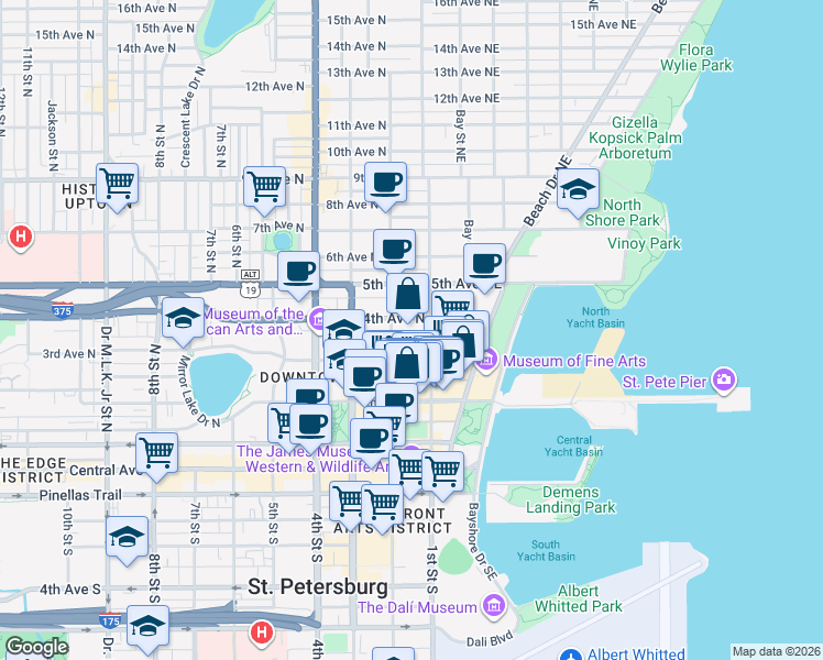 map of restaurants, bars, coffee shops, grocery stores, and more near 5 Fareham Place North in St. Petersburg