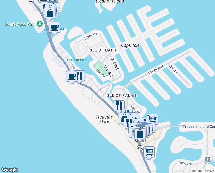 map of restaurants, bars, coffee shops, grocery stores, and more near 135 117th Avenue in Treasure Island