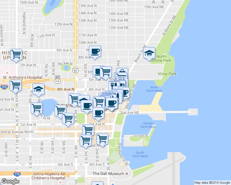 map of restaurants, bars, coffee shops, grocery stores, and more near 105 3rd Avenue Northeast in St. Petersburg