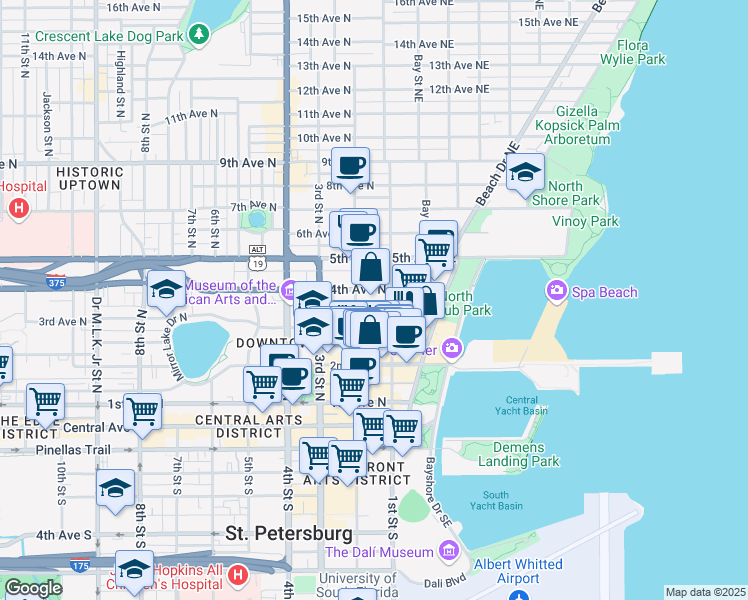 map of restaurants, bars, coffee shops, grocery stores, and more near 5 Fareham Place North in St. Petersburg