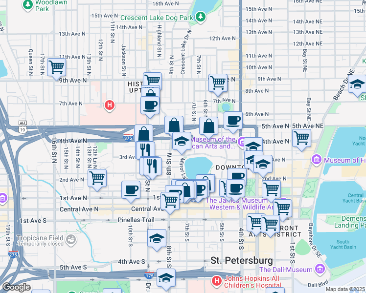 map of restaurants, bars, coffee shops, grocery stores, and more near 302 Grove Street North in St. Petersburg