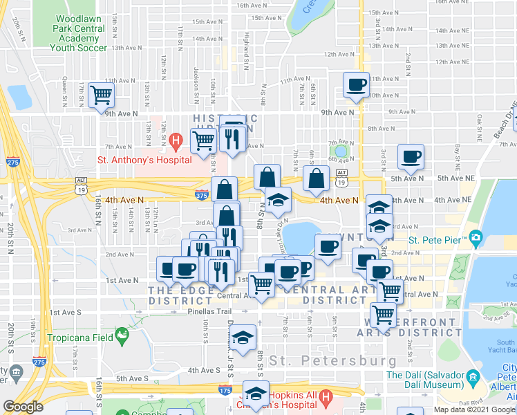 map of restaurants, bars, coffee shops, grocery stores, and more near 839 3rd Avenue North in St. Petersburg