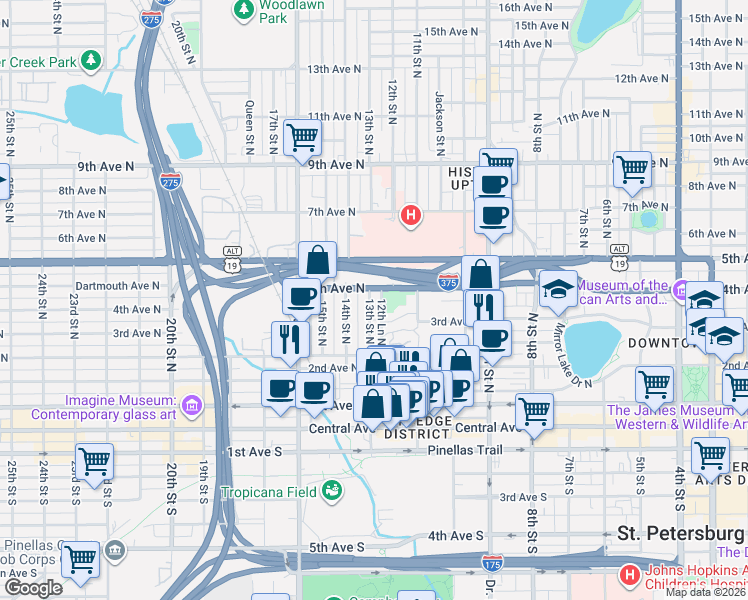 map of restaurants, bars, coffee shops, grocery stores, and more near 331 13th Street North in St. Petersburg