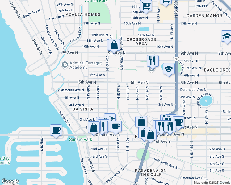 map of restaurants, bars, coffee shops, grocery stores, and more near 7111 4th Avenue North in St. Petersburg
