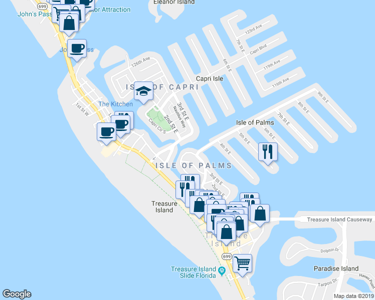 map of restaurants, bars, coffee shops, grocery stores, and more near 210 115th Avenue in Treasure Island