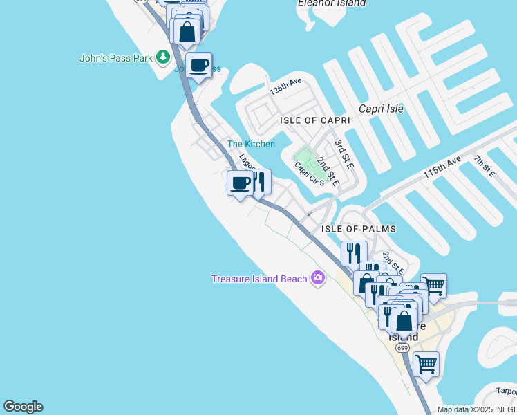 map of restaurants, bars, coffee shops, grocery stores, and more near 11908 Florida 699 in Treasure Island