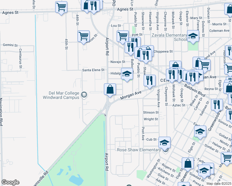 map of restaurants, bars, coffee shops, grocery stores, and more near 654 Vera Cruz Street in Corpus Christi